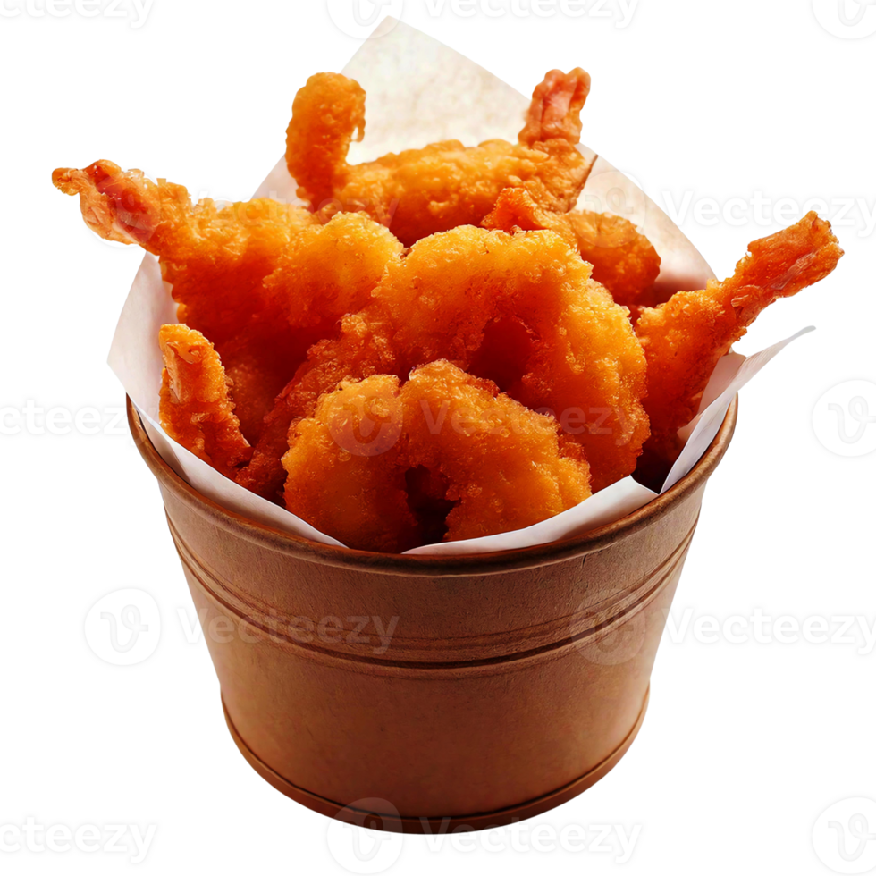 Delicious crispy shrimp served in a rustic bucket, perfect for any seafood lover. png
