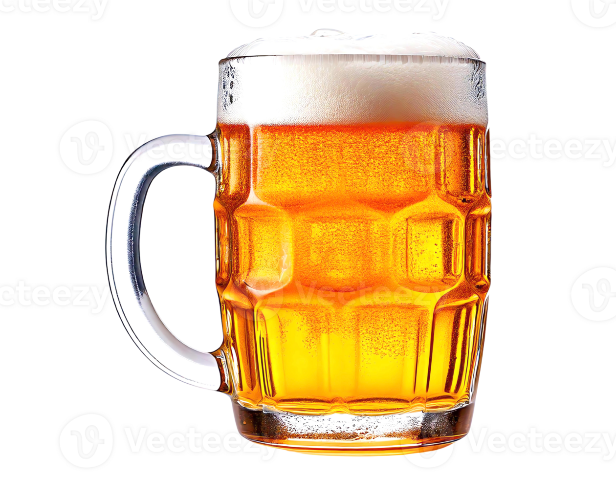 A refreshing pint of golden beer with creamy foam atop a glass mug. png