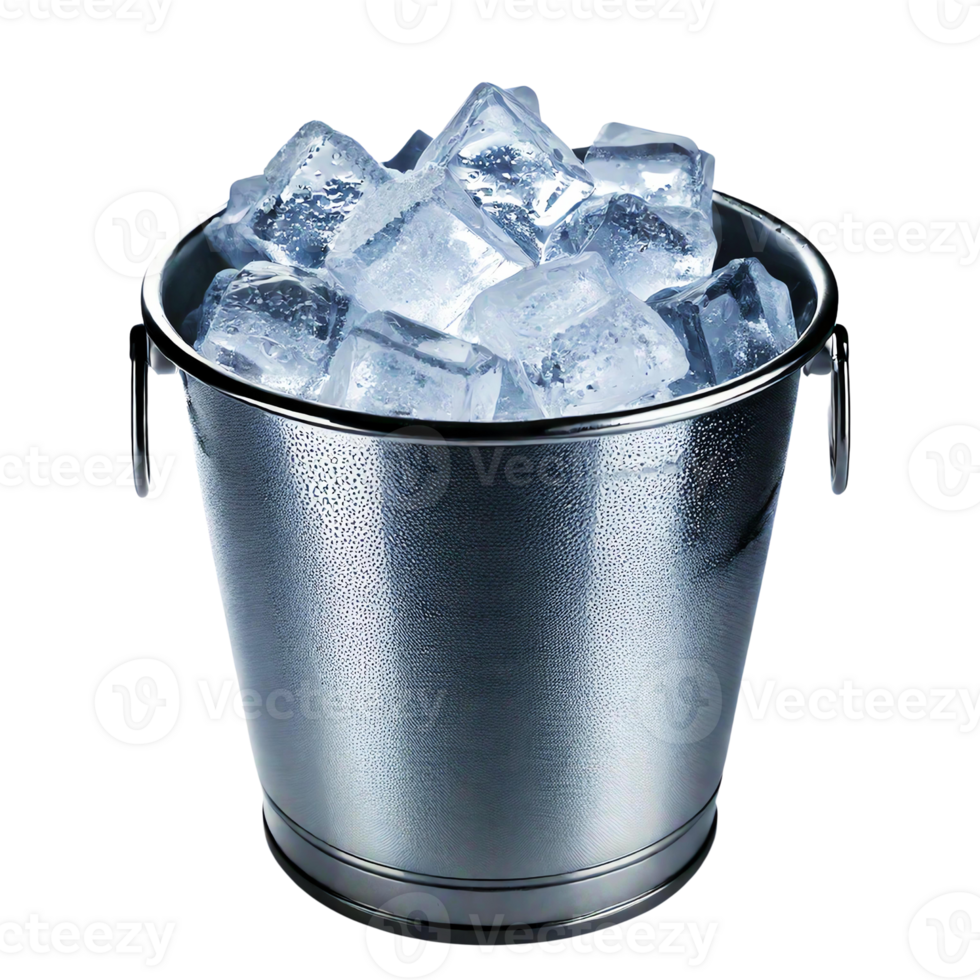 A shiny steel bucket filled with clear ice cubes, perfect for cooling beverages. png