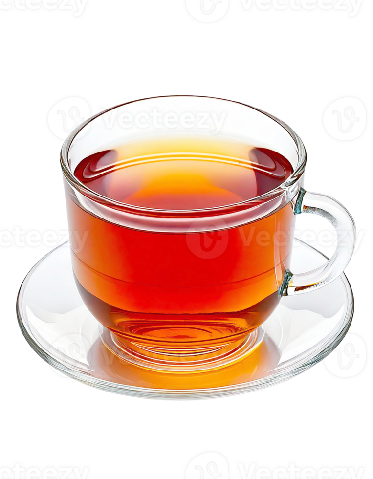 A transparent cup filled with aromatic black tea, placed on a white saucer. png
