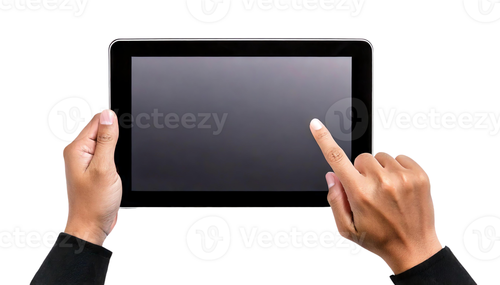 Close-up of hands using a tablet, showcasing modern digital interaction. png