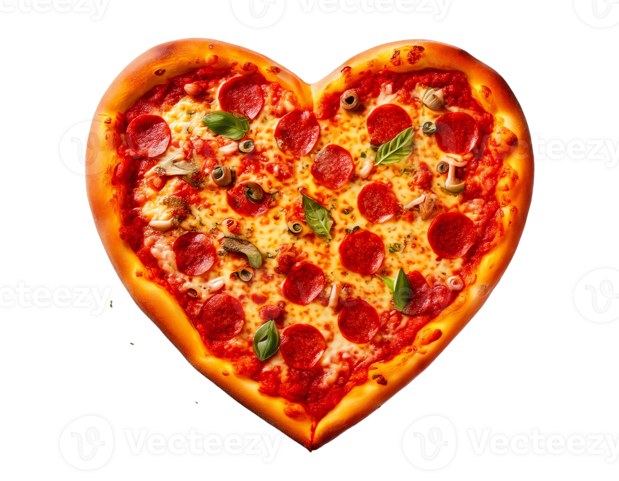 Delicious heart-shaped pizza topped with pepperoni, cheese, and fresh basil. png