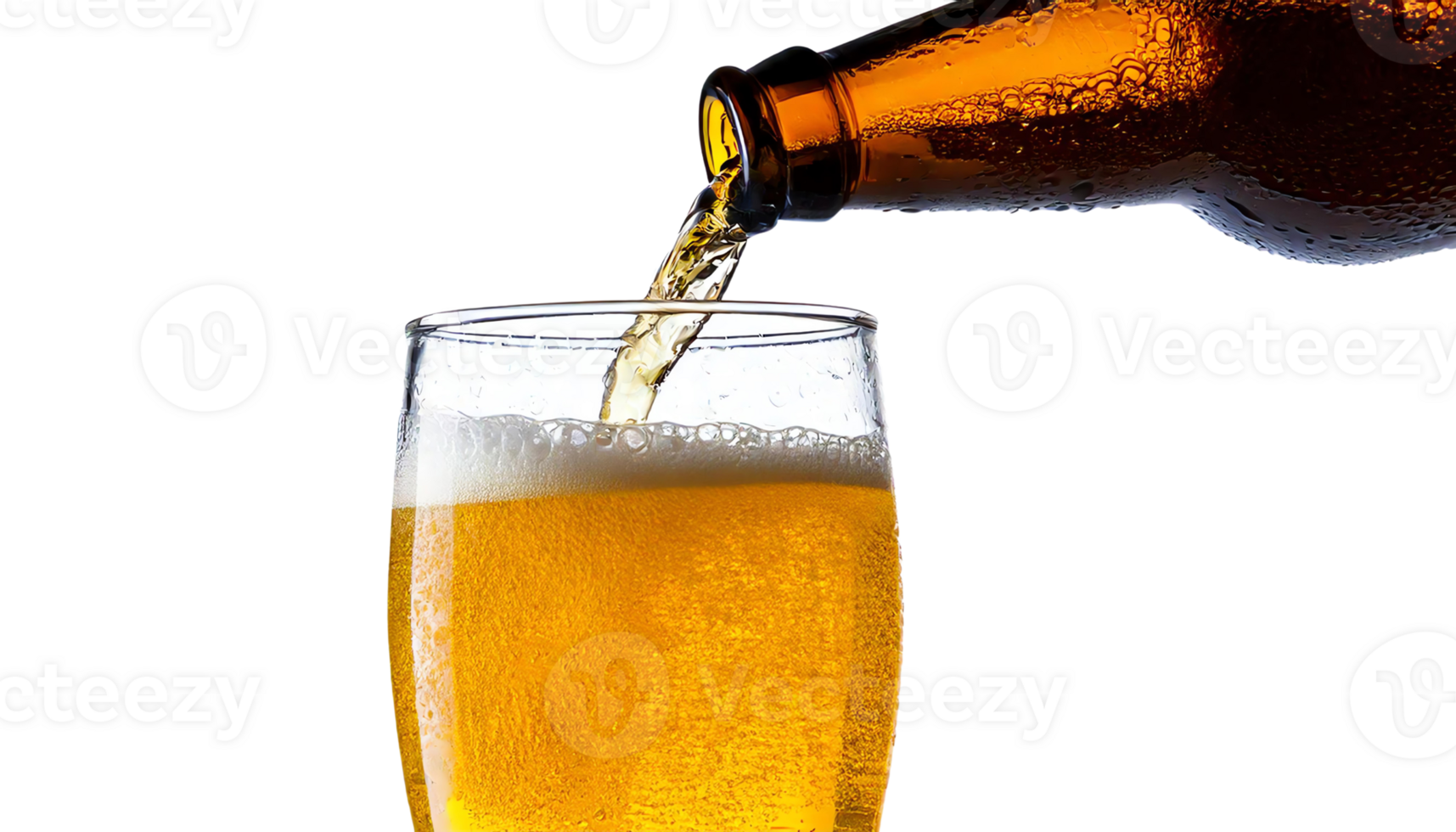 A refreshing glass of beer being poured from a bottle, creating a frothy head. png