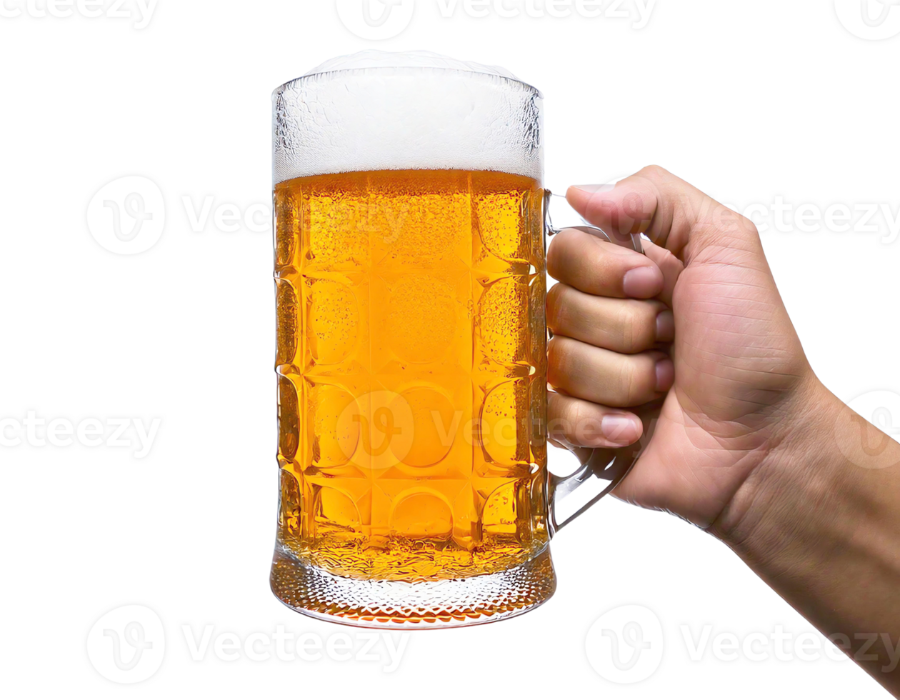 A person holds a frothy beer mug, celebrating a joyful moment. png