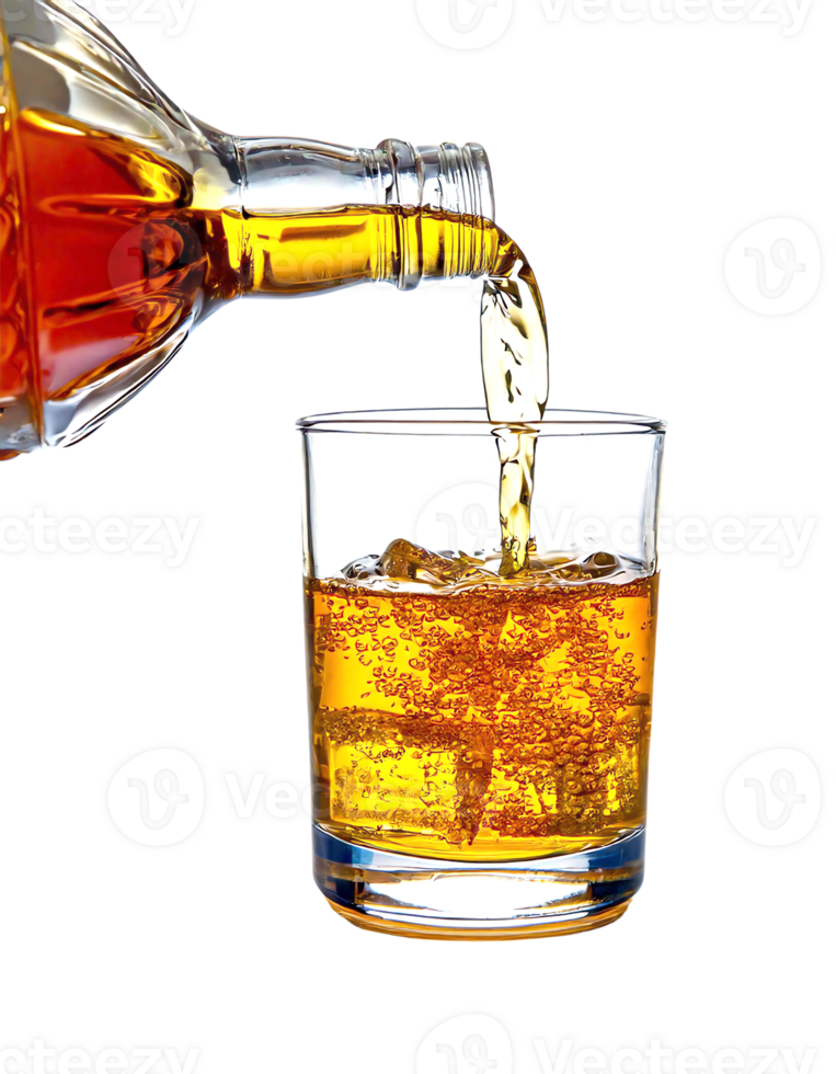 A refreshing pour of golden beverage into a chilled glass with ice cubes. png