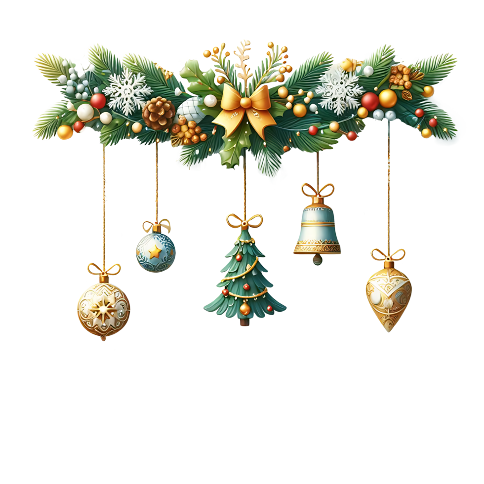 Christmas Border and Frame with Ball Berries Pine Branches Tree gold ribbon And Green Leaves png