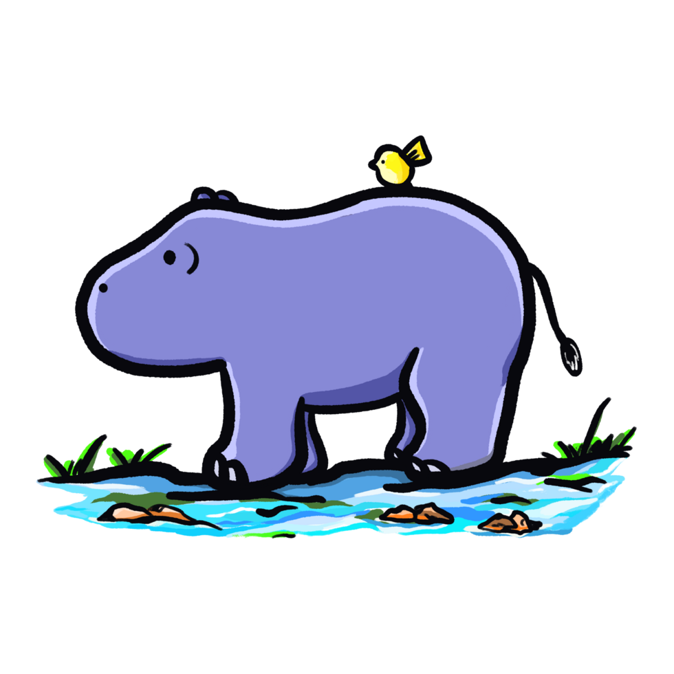 Cartoon hippo and little bird at riverside, animal illustration png
