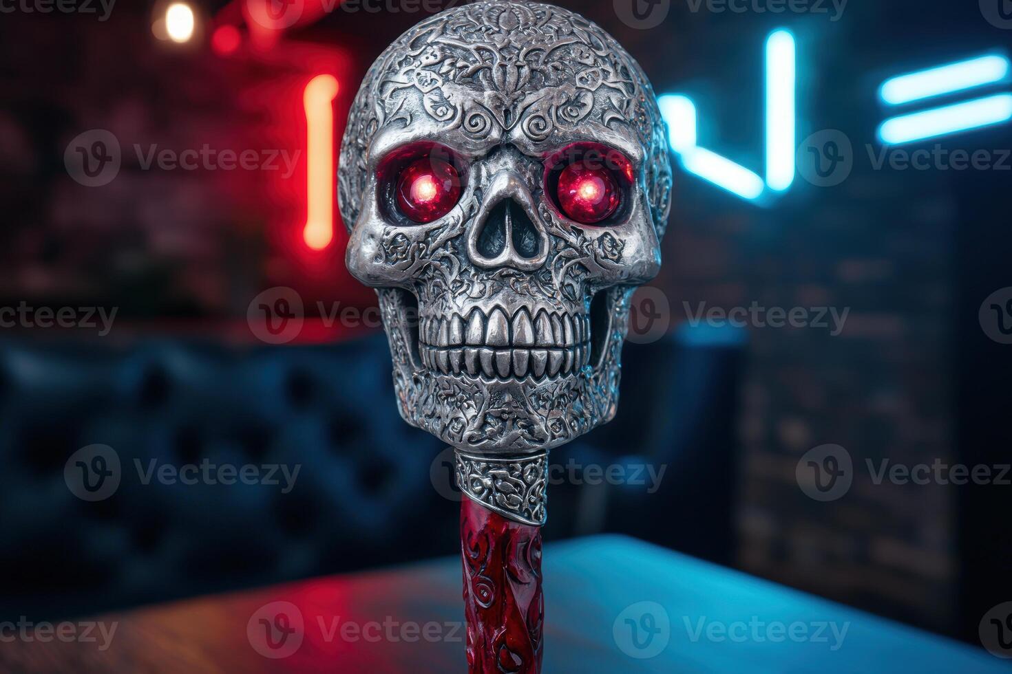 Ornate skull with glowing red eyes photo