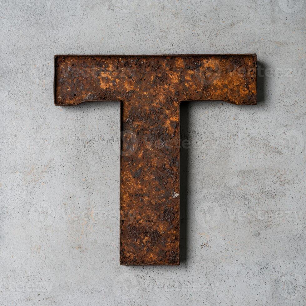 Rusty metal letter t on concrete background photo