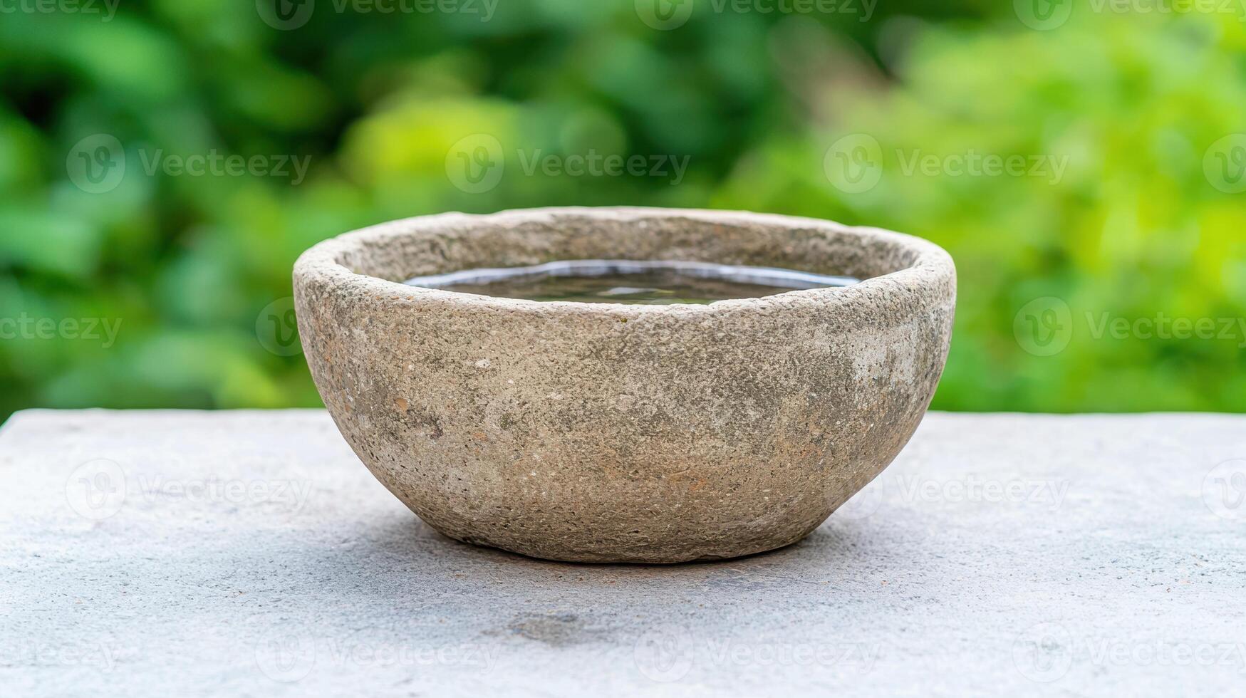 stone bowl with water on table in garden photo