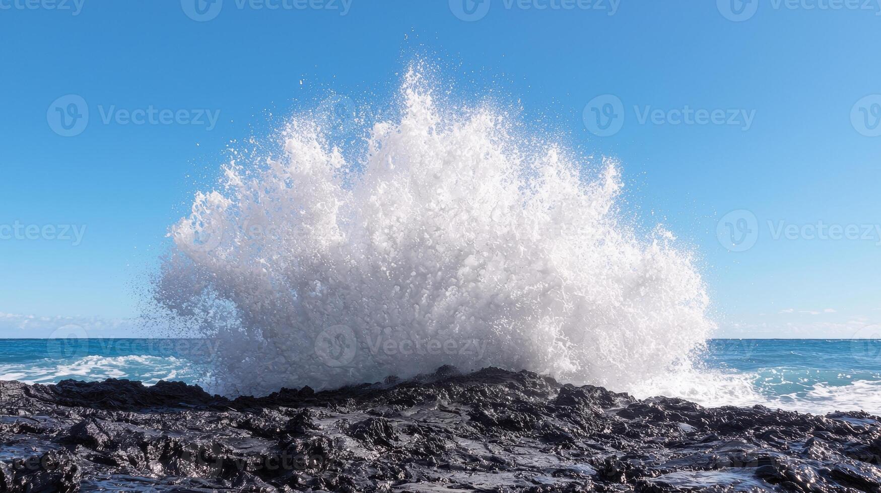 Powerful ocean wave crashing against rocky shore photo