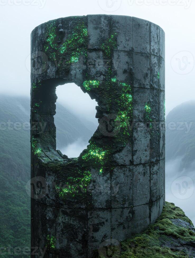 Mysterious glowing ruins in the fog photo