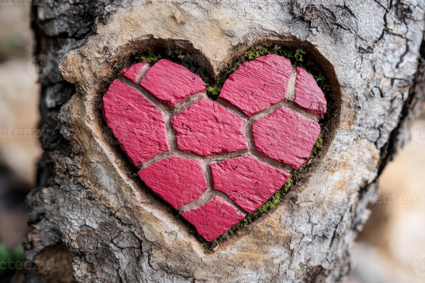 Carved heart shaped design in tree bark photo