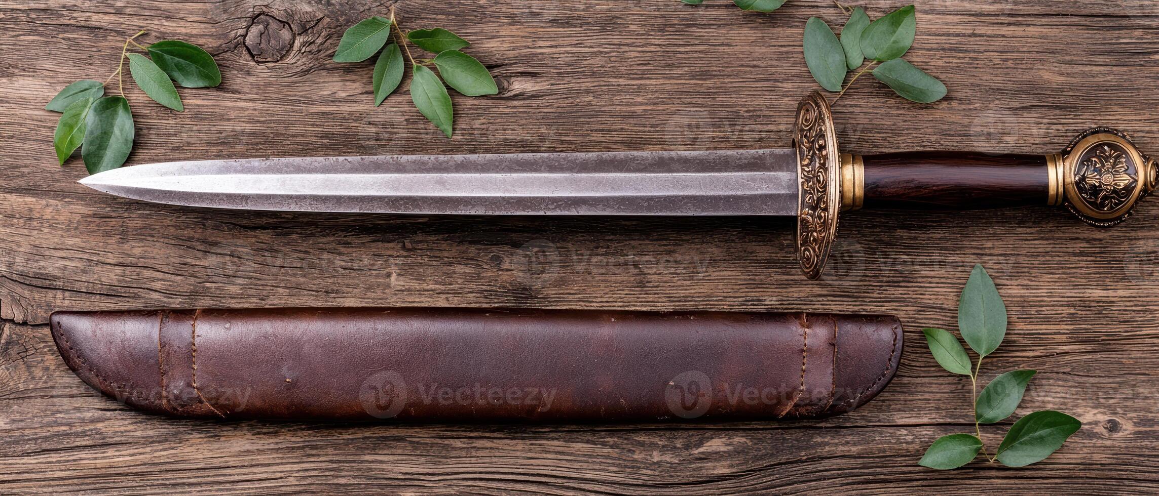Ornate dagger on wooden background with leaves photo