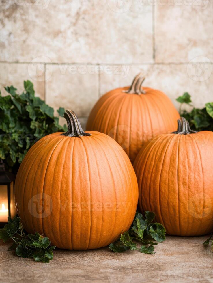 Vibrant orange pumpkins with ivy leaves photo