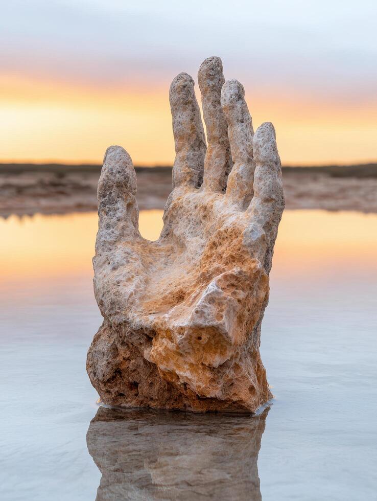 Weathered rock formation in serene lake at sunset photo