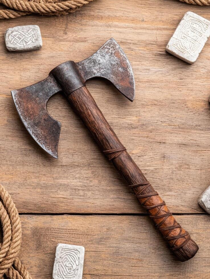 Rustic axe and carved stones on wooden surface photo