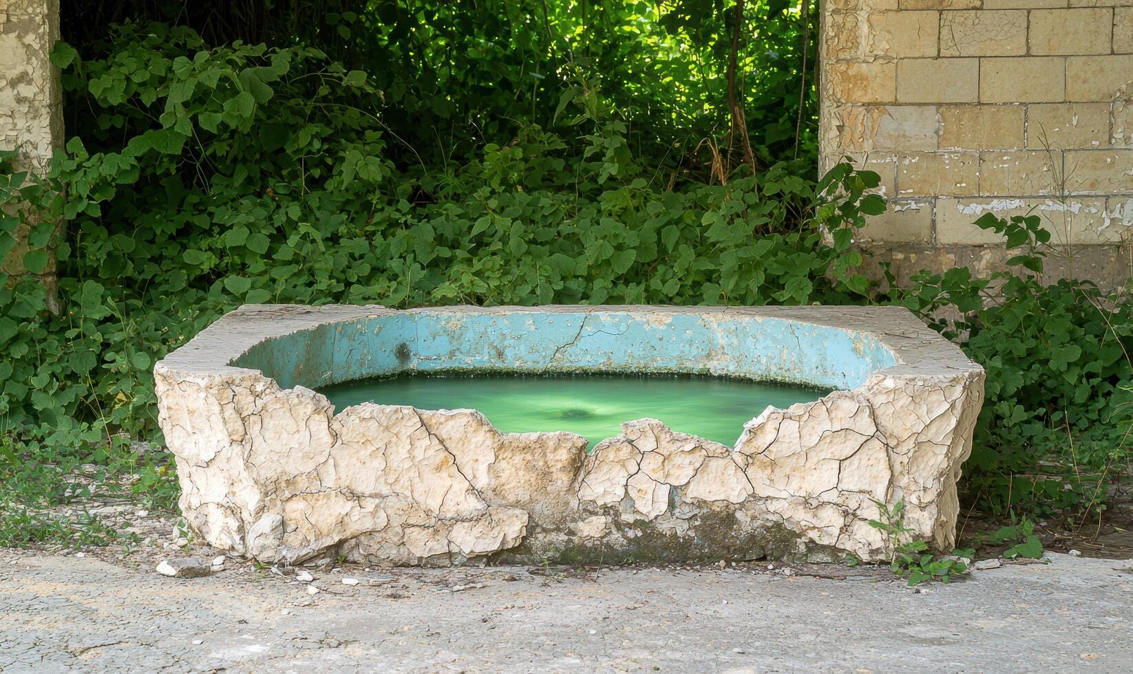 old stone fountain with green water in overgrown garden photo
