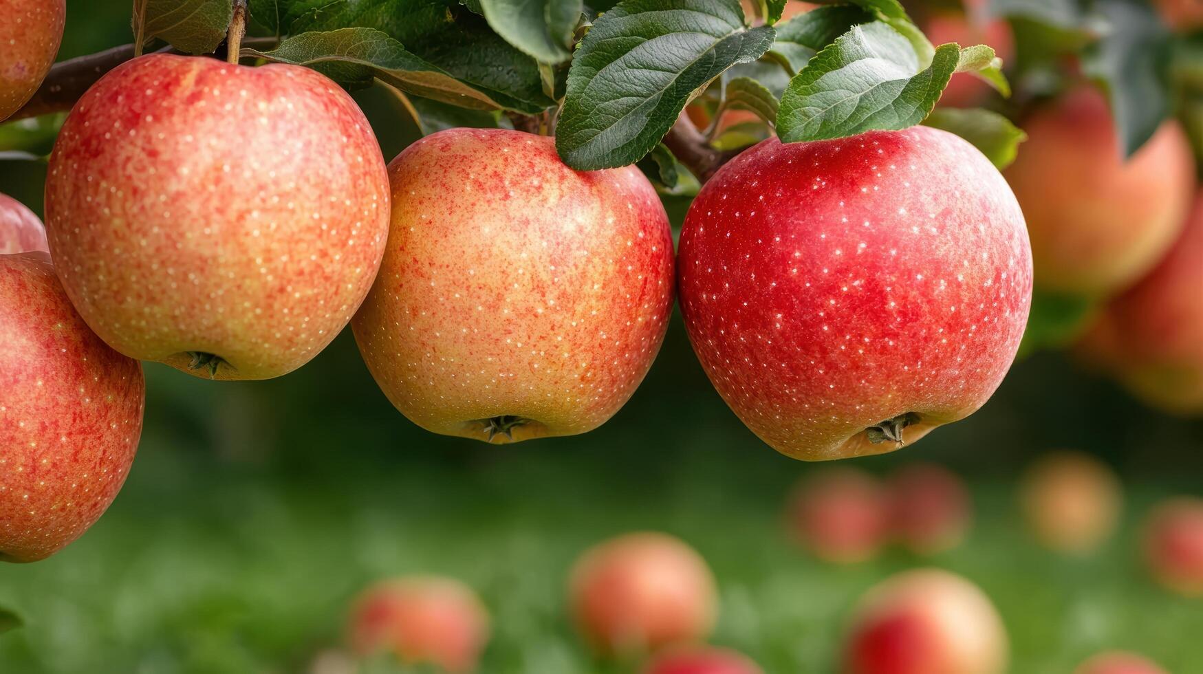 Ripe apples hanging on tree branches photo