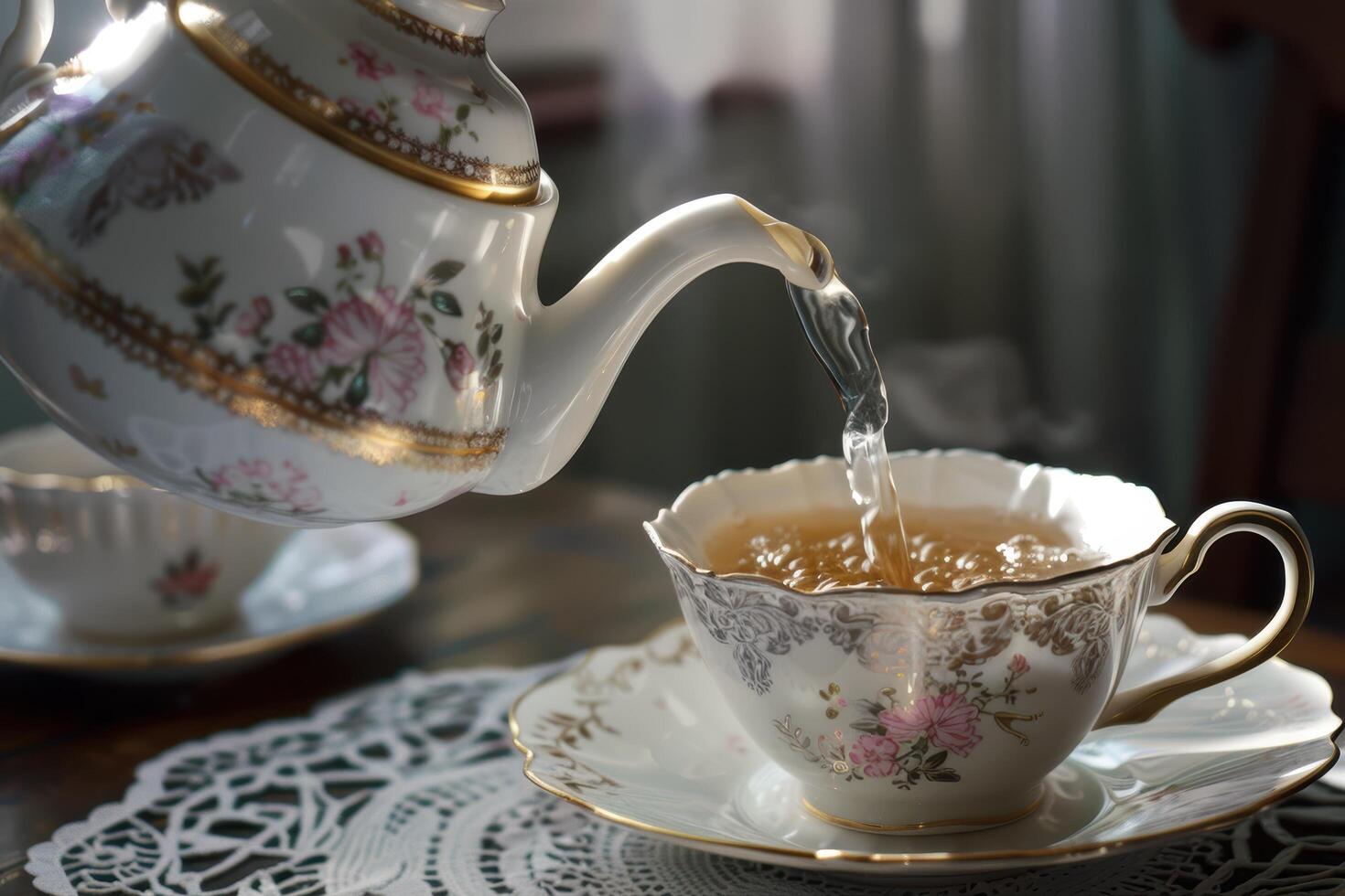 Elegant tea time with floral porcelain teapot and cup photo