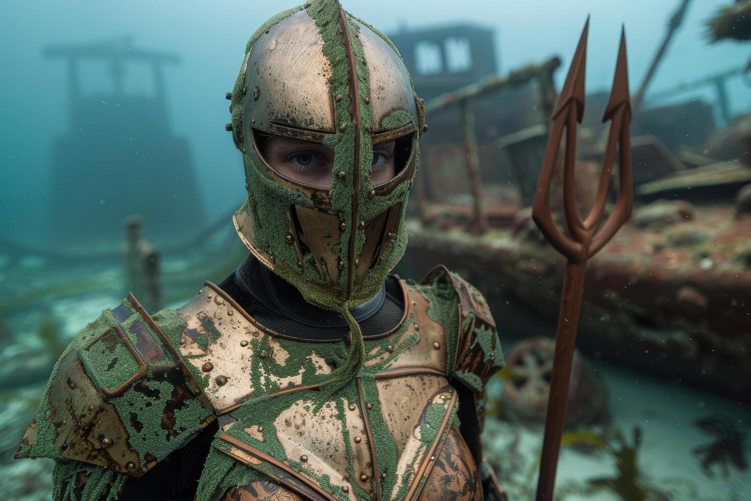Underwater warrior with ancient armor and spear photo