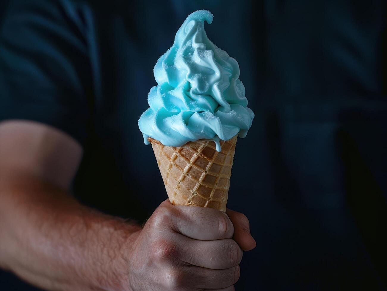 Vibrant blue ice cream cone in hand photo