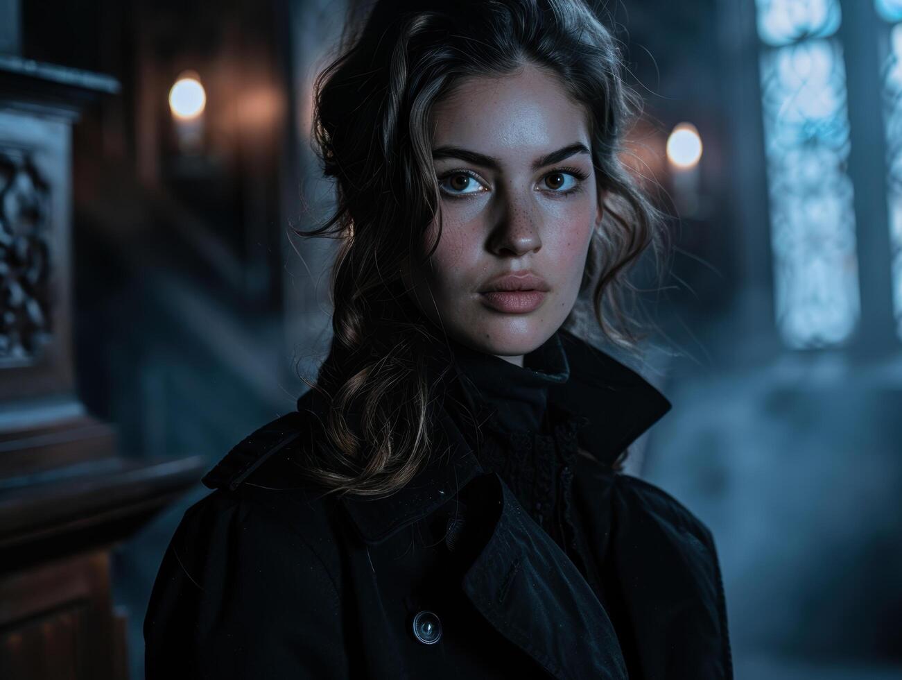 Mysterious woman in dark coat photo