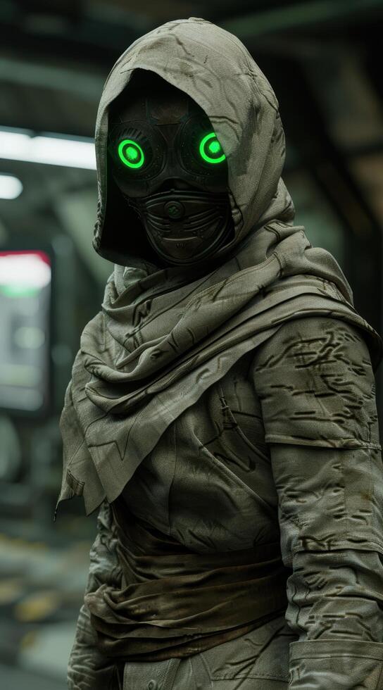 Mysterious hooded figure with glowing eyes photo