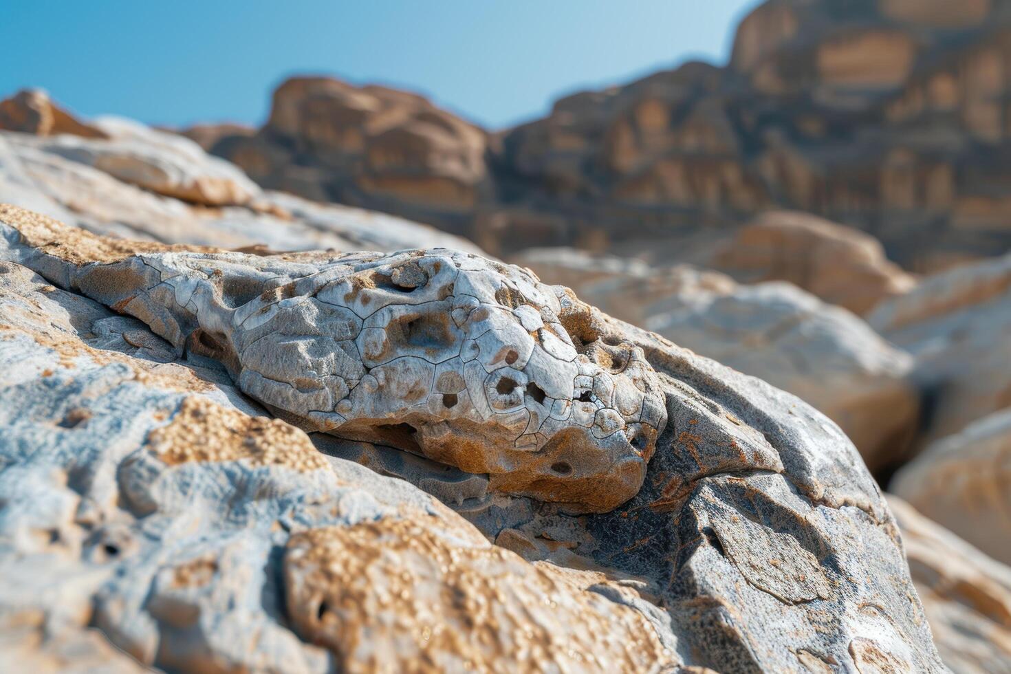 Weathered rock formation in desert landscape photo