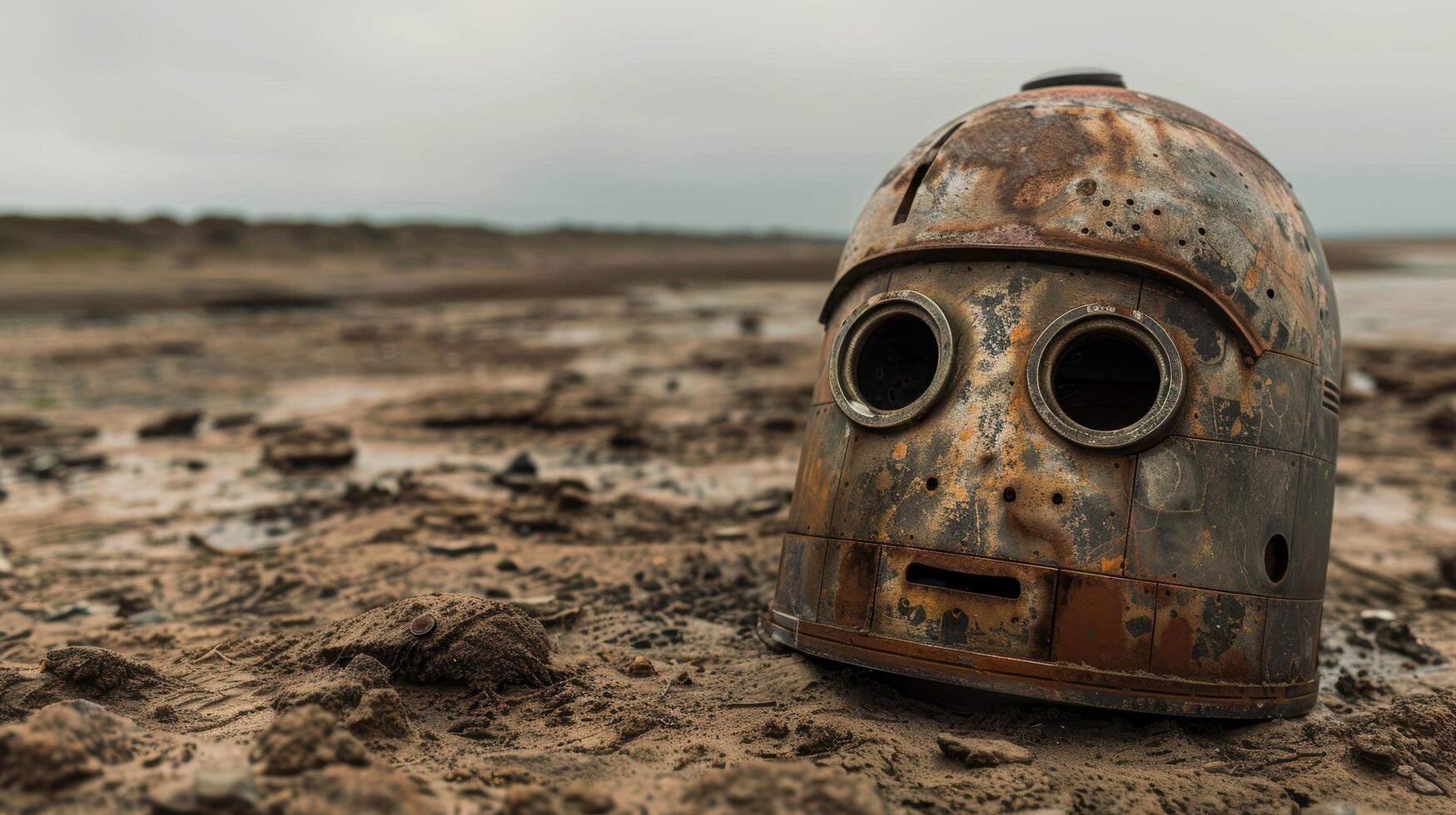 Abandoned robot in a desolate landscape photo
