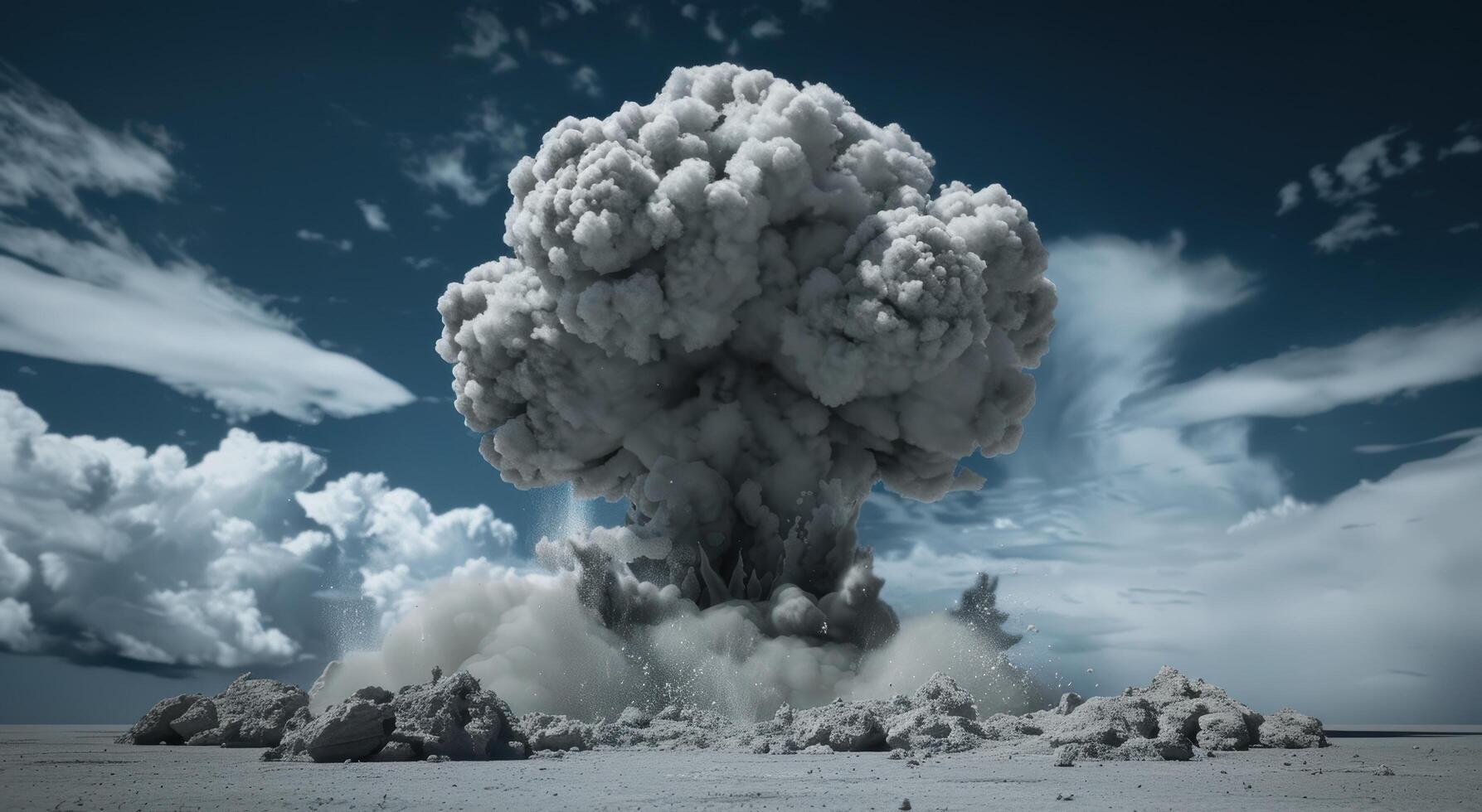 massive explosion cloud over rocky terrain photo