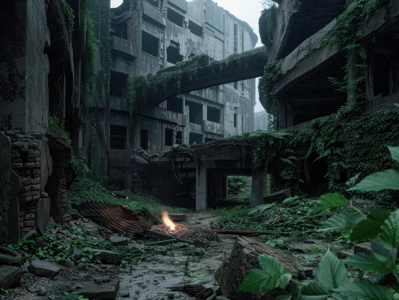 Overgrown abandoned urban building in dark moody atmosphere photo