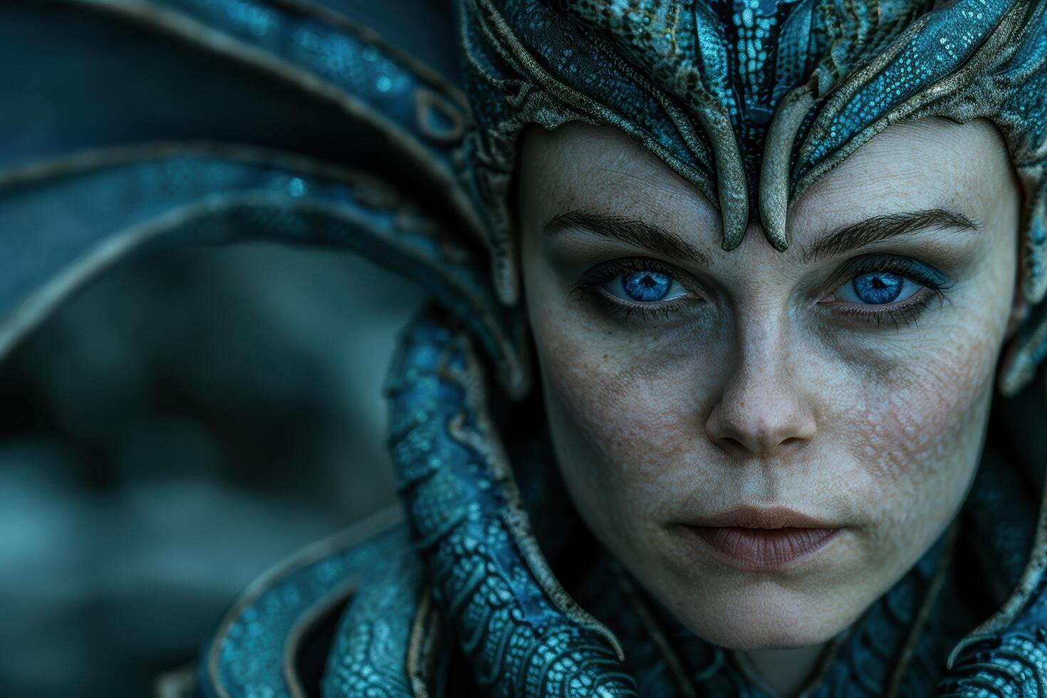 Mysterious fantasy woman with piercing blue eyes photo