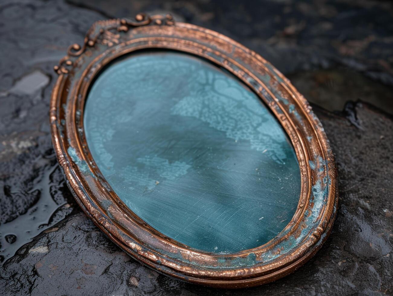Antique mirror with tarnished copper frame on dark background photo