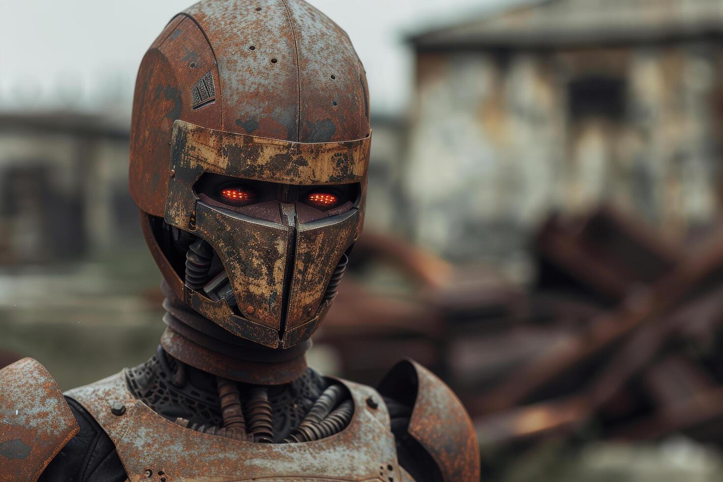 Futuristic robot warrior with glowing red eyes photo