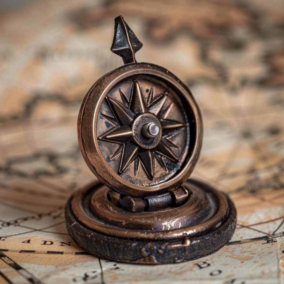 Antique compass on vintage map photo