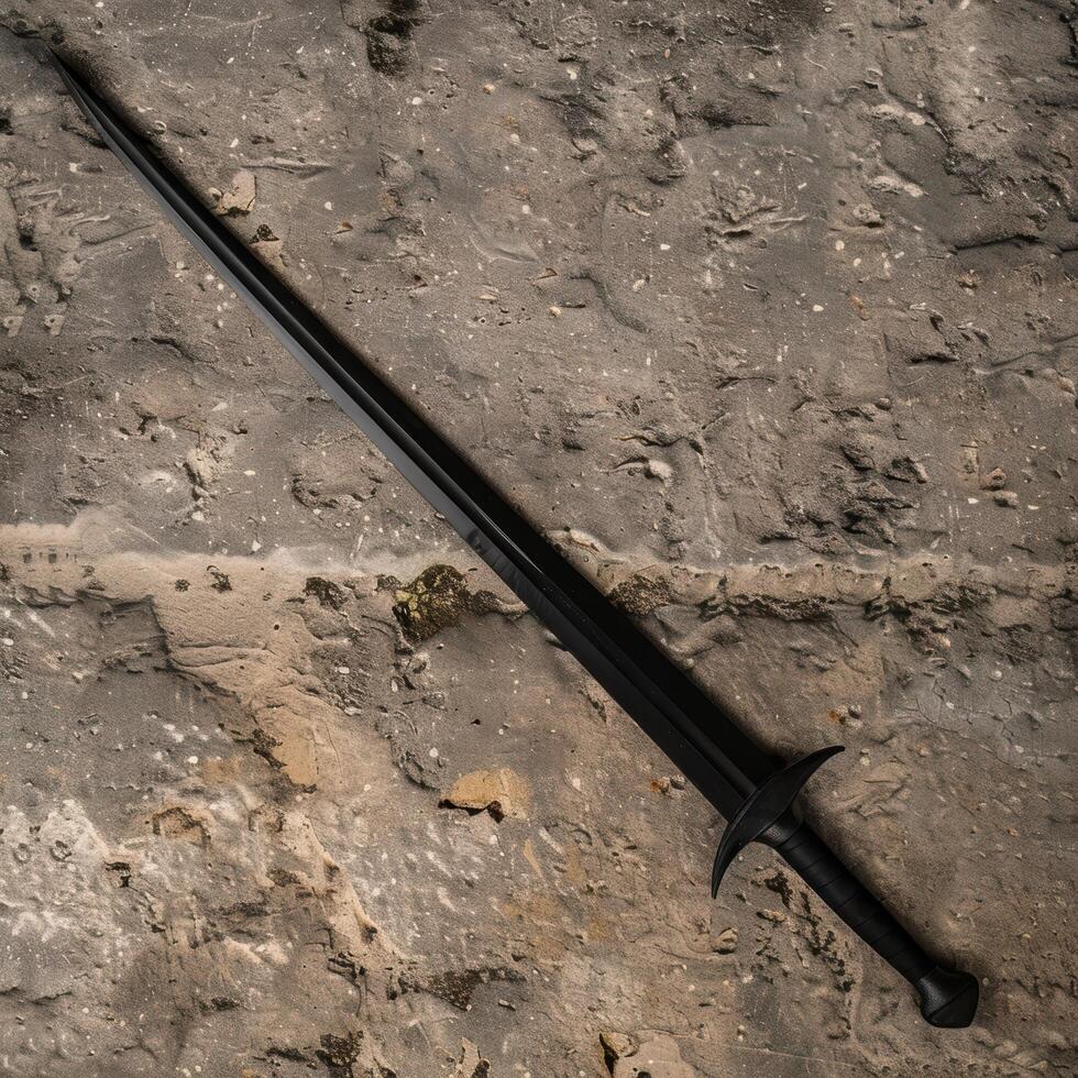 Dark medieval sword on rocky ground photo