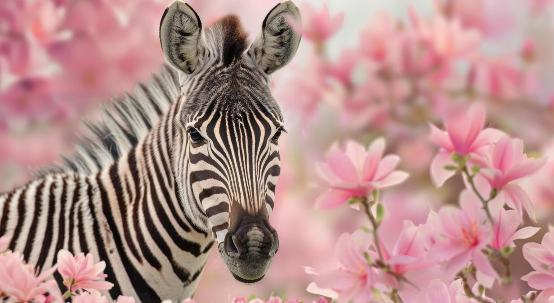 zebra surrounded by pink flowers photo