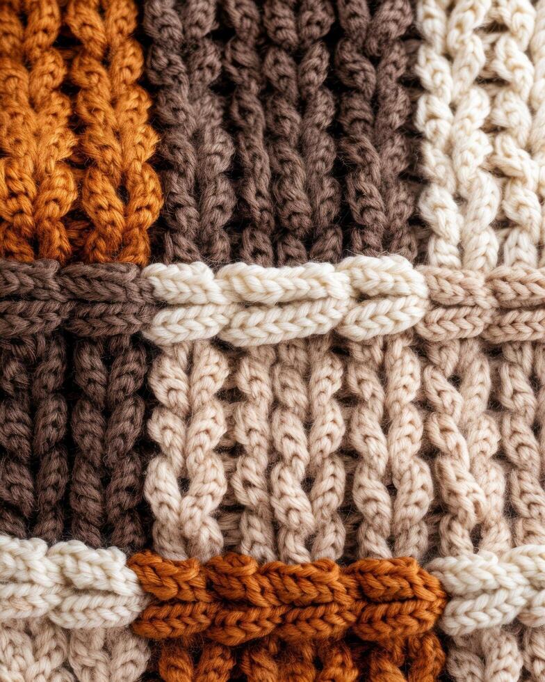 Closeup of intricate knitted pattern in warm autumn colors photo