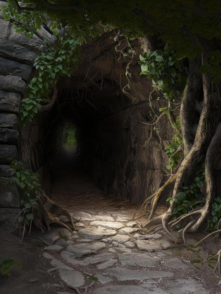 Mysterious forest path through stone archway photo