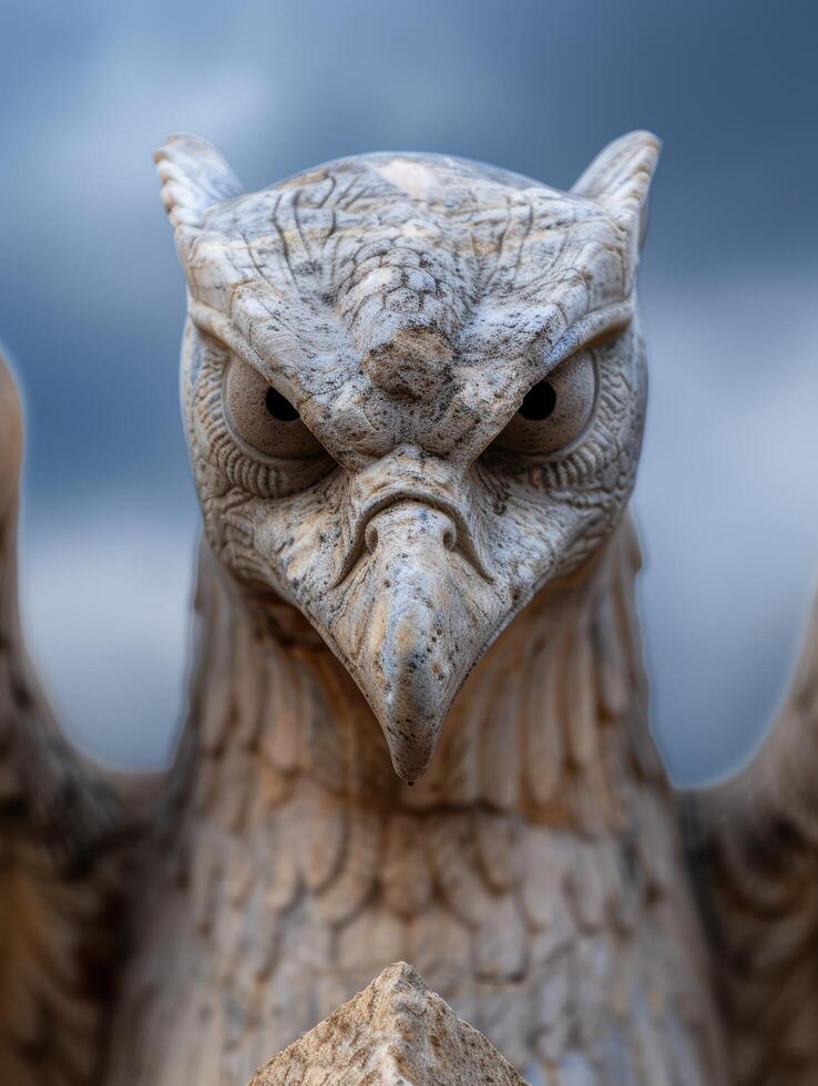 Close up of a carved wooden owl statue with intense eyes photo