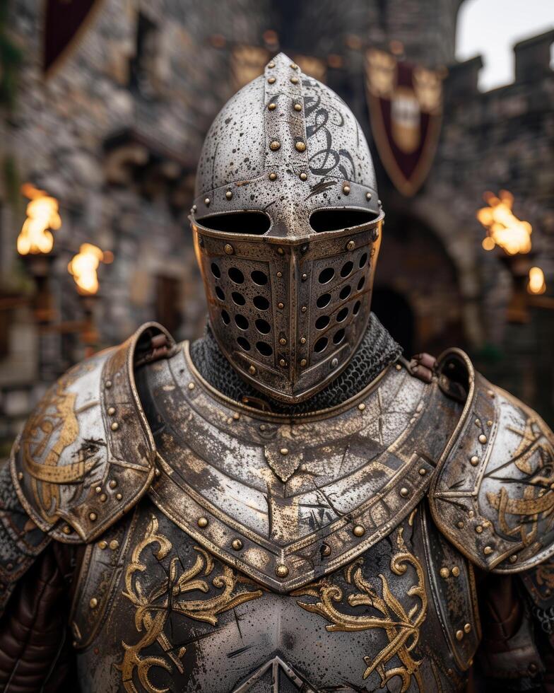 Ornate medieval knight armor with intricate designs photo
