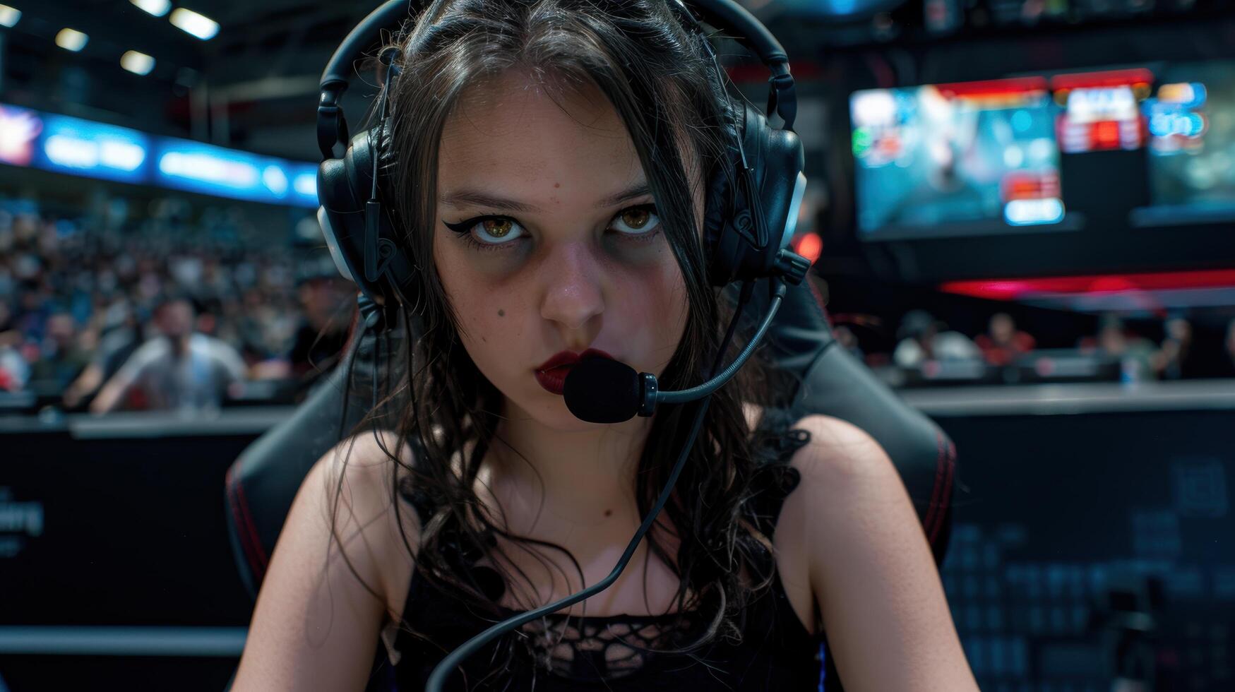 Serious gamer girl with headset in esports arena photo