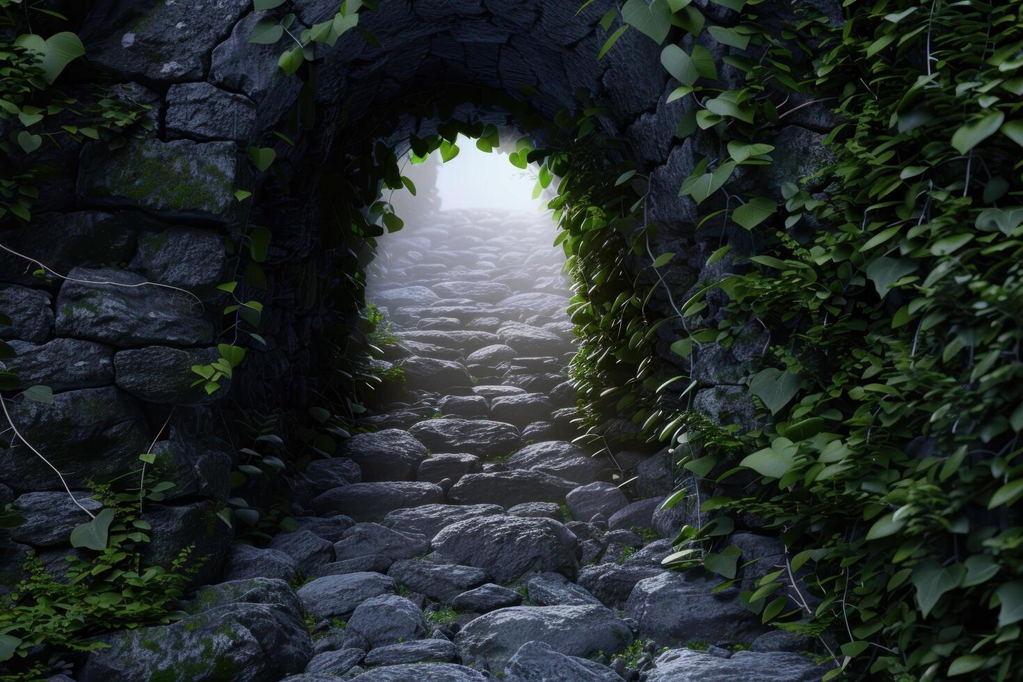 Mysterious stone archway leading to a misty forest path photo