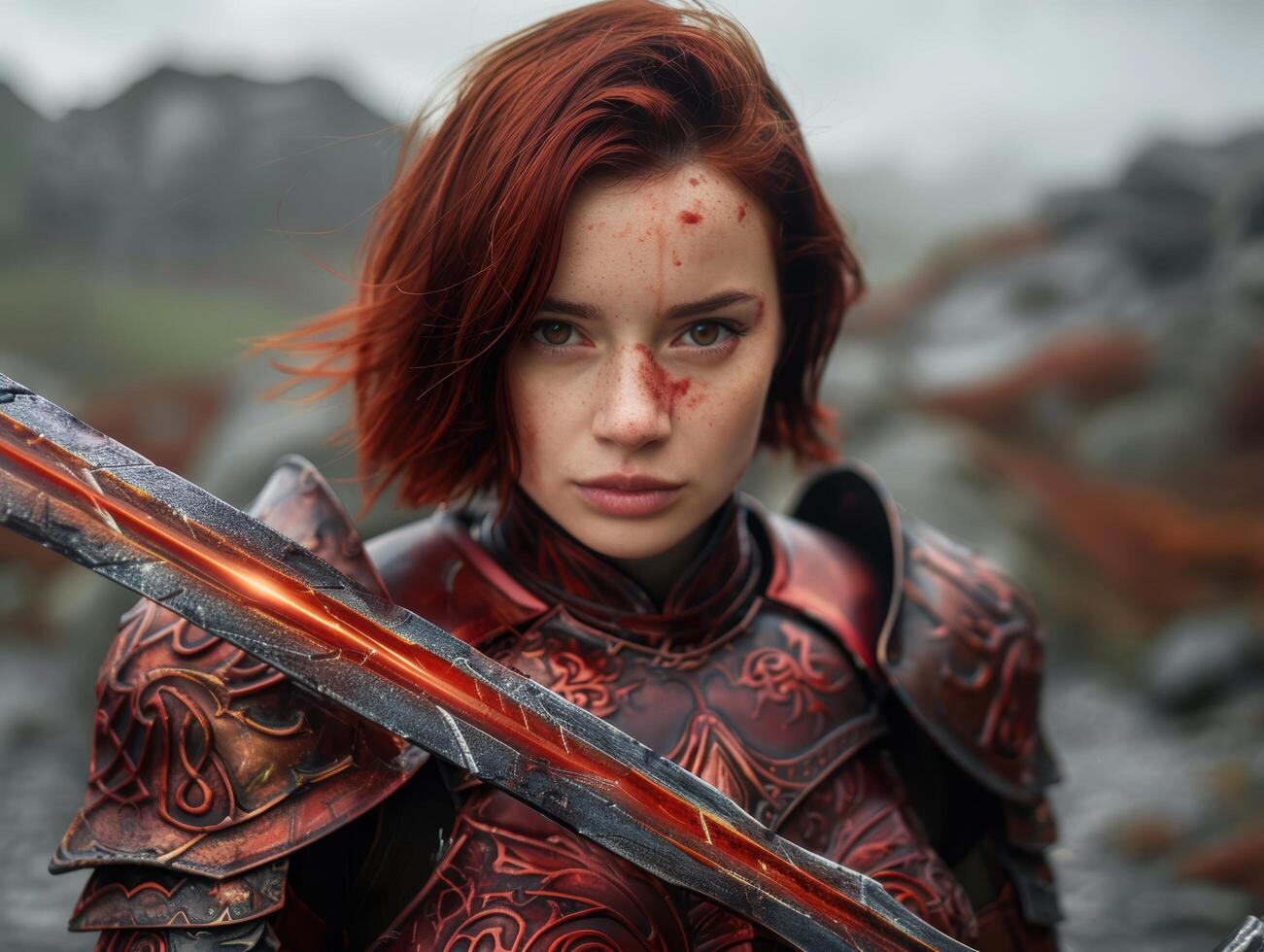 Fierce female warrior with sword in dramatic landscape photo