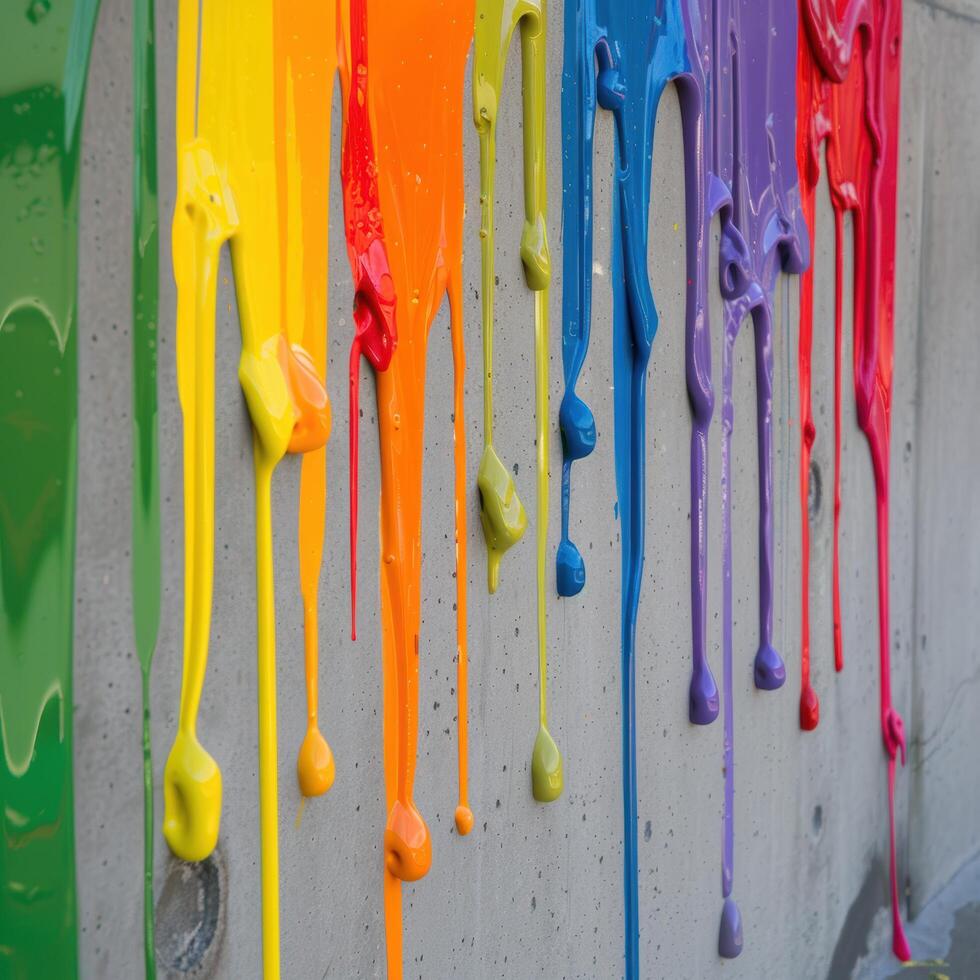 Colorful paint drips on concrete wall photo