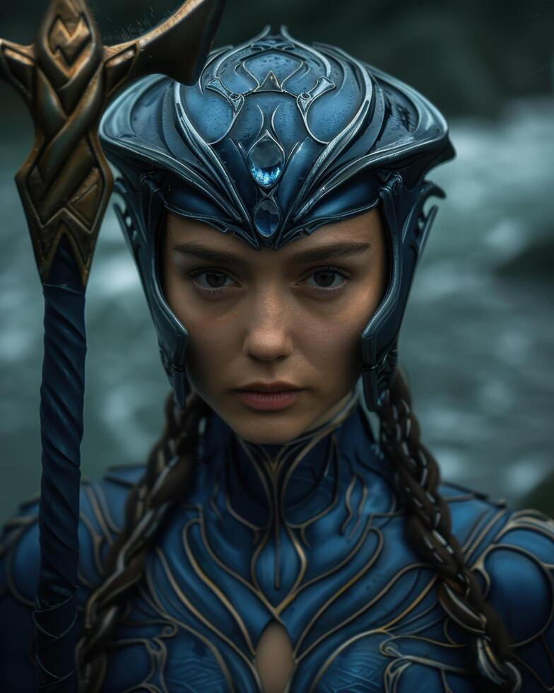 Fierce female warrior in futuristic armor photo