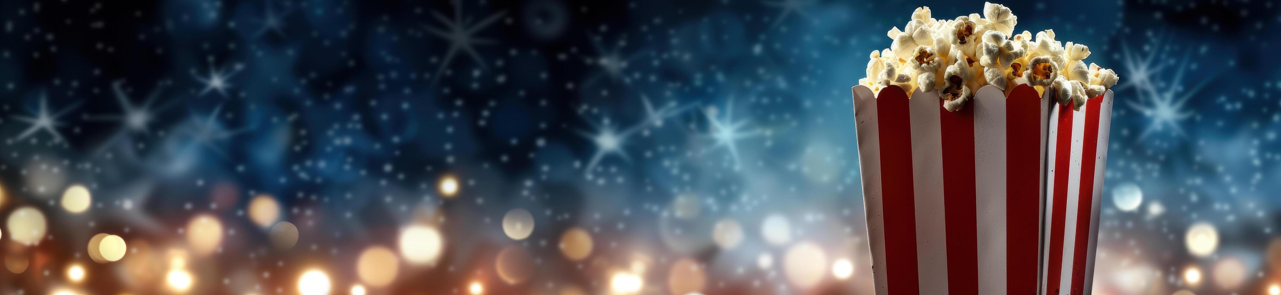 popcorn in the cinema with sparkling lights photo