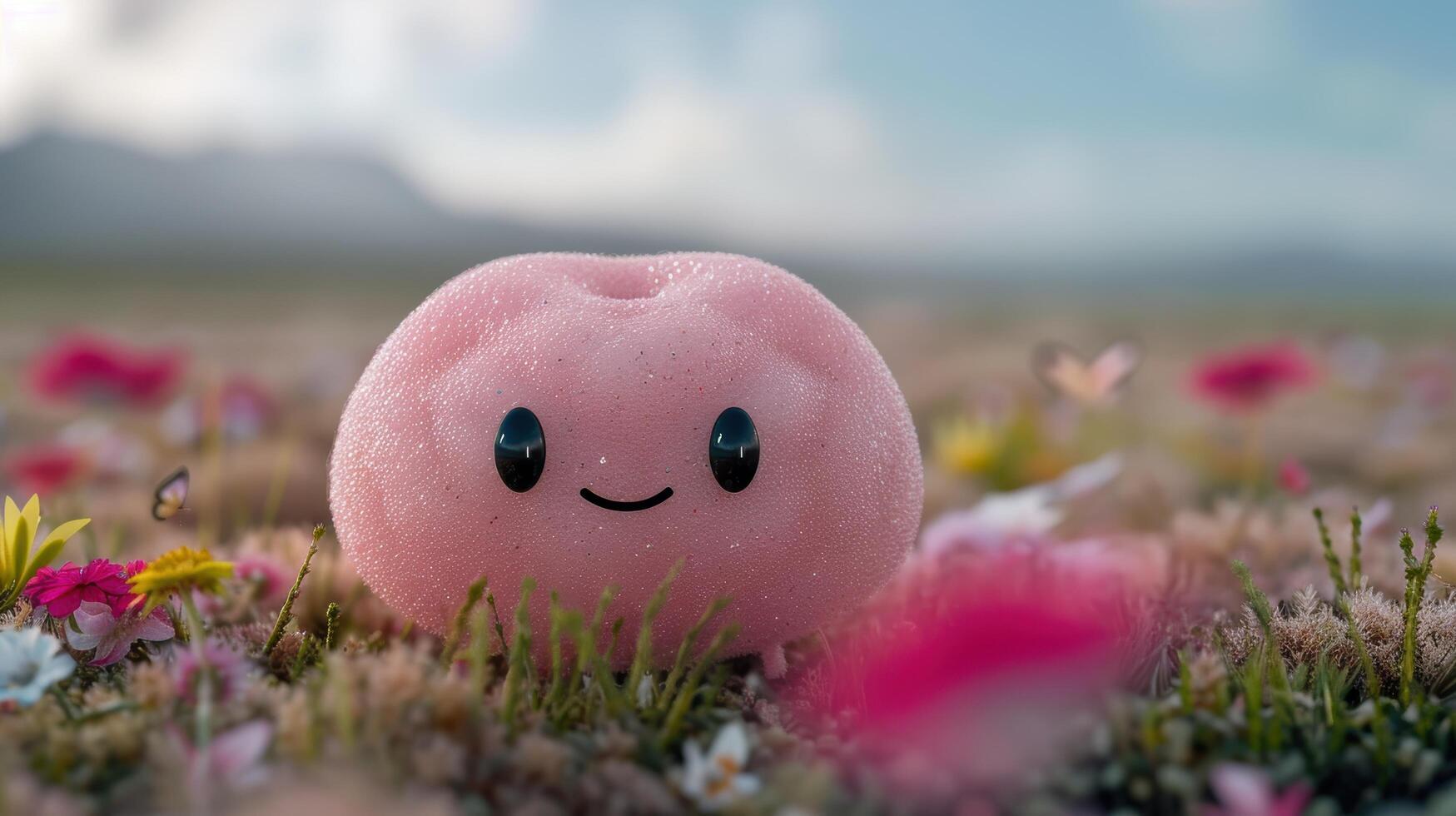 Cute pink marshmallow character in a field of flowers photo