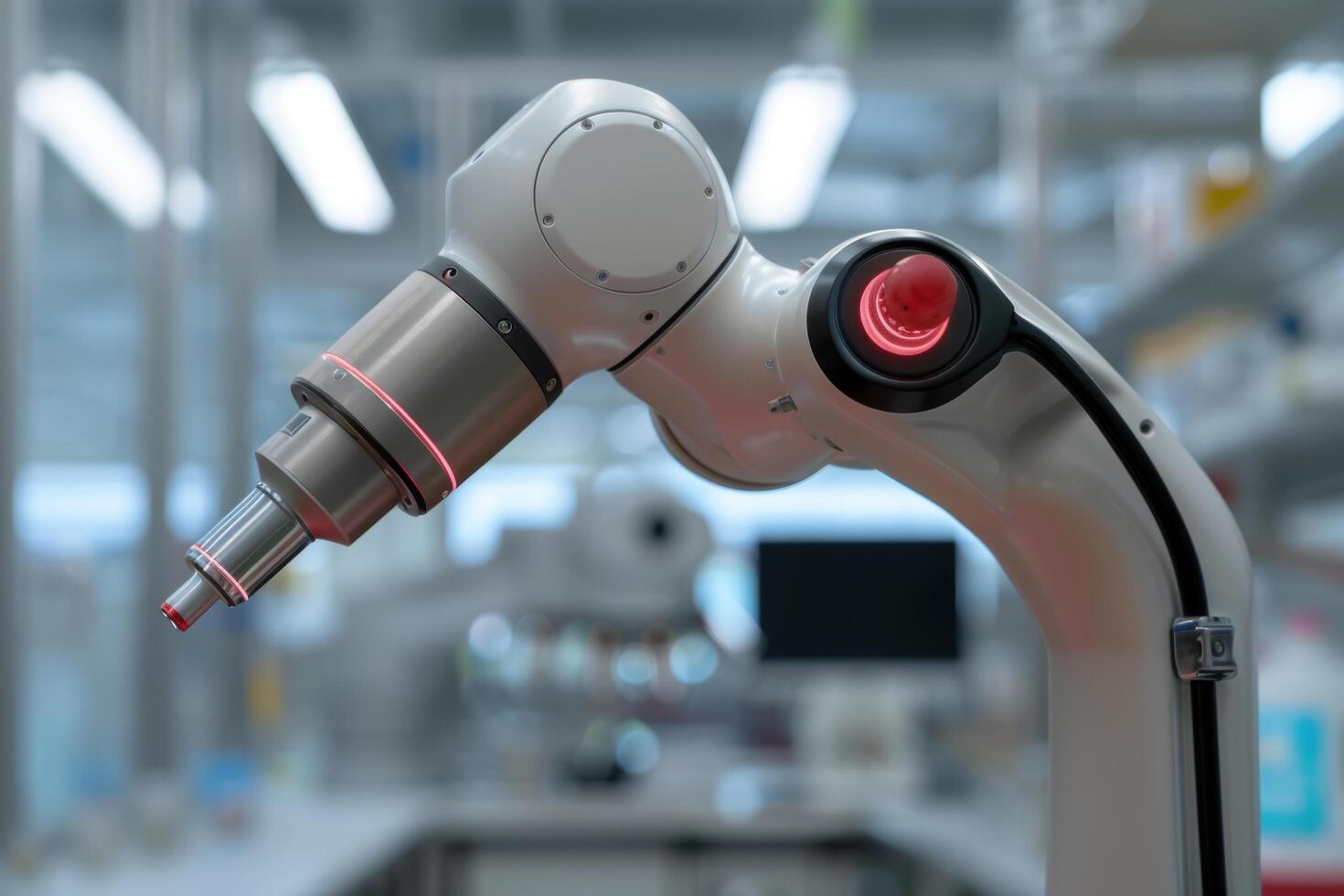 Close up of a robotic arm in a modern industrial setting photo